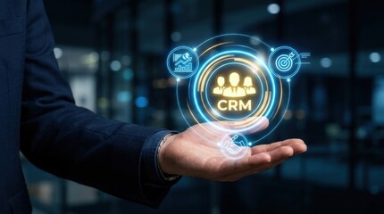 Fototapeta premium Crm software solution a hand holding a digital representation of customer relationship management technology
