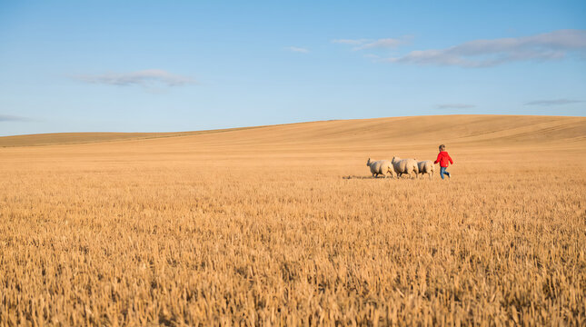 Child in red jacket herding sheep across golden wheat field under clear blue sky