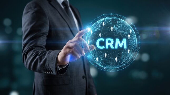 Crm technology concept a businessman interacting with a digital globe displaying customer relationship management
