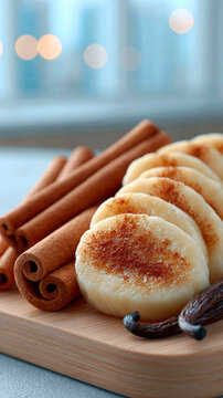 Sliced banana sprinkled with cinnamon served alongside vanilla beans and cinnamon sticks for healthy breakfast