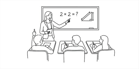 Female teacher pointing at a math problem on a blackboard in a classroom with students sitting at desks Vector, illustration © Ranjona Vector Art