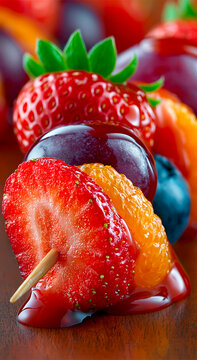 Colorful fresh fruit skewers with juicy berries citrus and grapes coated in glossy sweet syrup