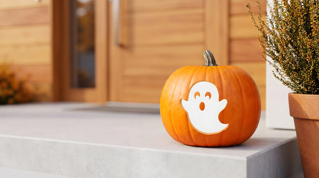 Pumpkin with ghost face sticker placed on front porch steps near wooden door
