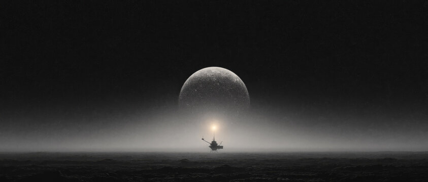 Monochromatic panoramic view of a research lander station on a dark textured planetary surface under a massive rising moon and dense stardust field