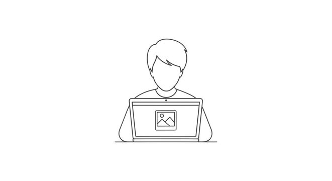 Minimalist line art of person using laptop computer.