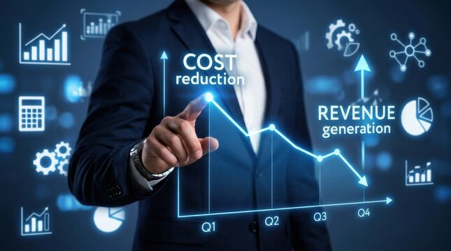 Business professional analyzing financial growth charts with cost reduction and revenue generation focus