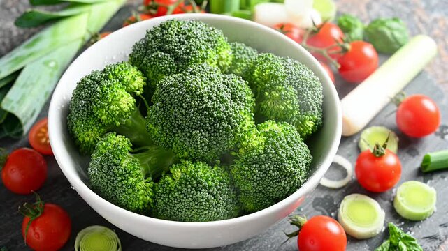 Fresh green broccoli florets in white bowl with tomatoes.