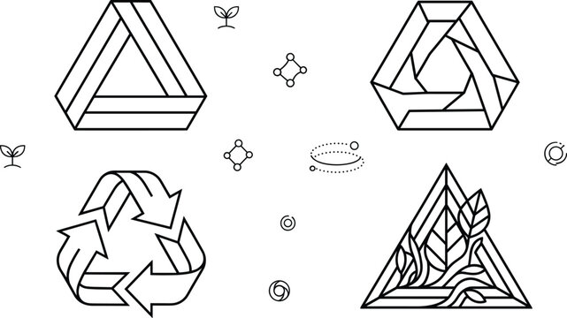 Geometric triangle recycle logo design set with eco nature leaf and impossible shapes vector