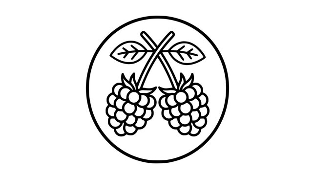 Minimalist black and white icon of two raspberries with leaves in a circle