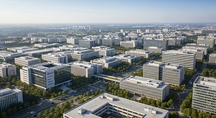 Obraz premium Expansive aerial view of a modern technology park with numerous office buildings under a clear blue sky
