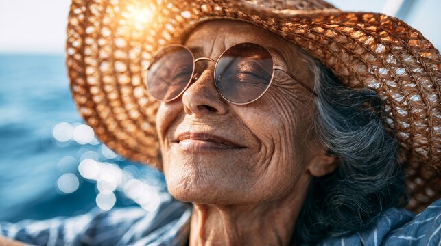 Grandmother enjoying her vacation on a boat.