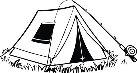 A black and white line of a camping tent set up on grass with a fishing rod leaning against it, isolated on white © safowan
