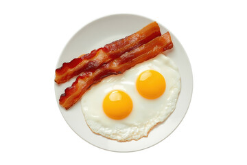 Breakfast plate with two sunny side up fried eggs and crispy bacon strips, high protein morning meal on transparent background