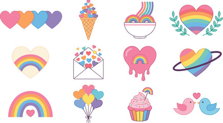 Obraz premium Cute Pastel Rainbow Heart Sticker Set with Ice Cream Cupcake Envelope and Love Birds Vector