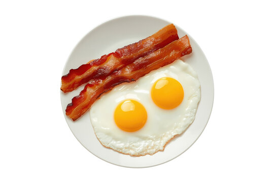 Breakfast plate with two sunny side up fried eggs and crispy bacon strips, high protein morning meal on transparent background