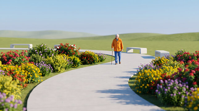 Elderly man walking with a cane along a colorful flower-lined path in a green meadow