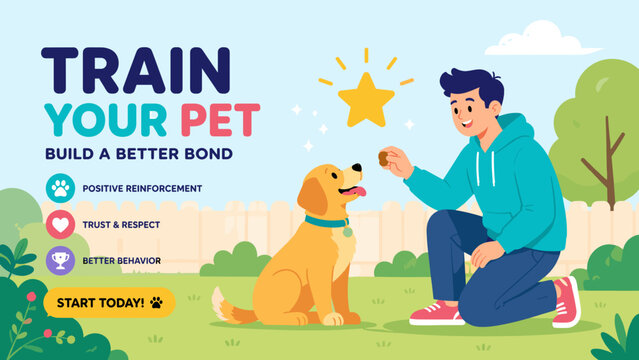 Man kneels beside a happy dog in a sunny garden. He offers a treat, smiling warmly. The dog looks up with joyful anticipation. Bright colors show positivity and trust