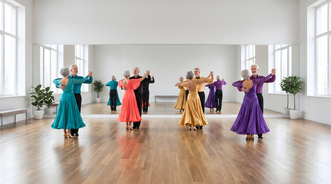Multiple middle aged and elderly dancers performing ballroom dance in a bright studio