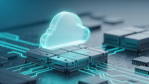 Glowing cyan glass cloud icon floating above a metallic microchip processor on a circuit board, high tech cloud computing and digital data server technology concept video.