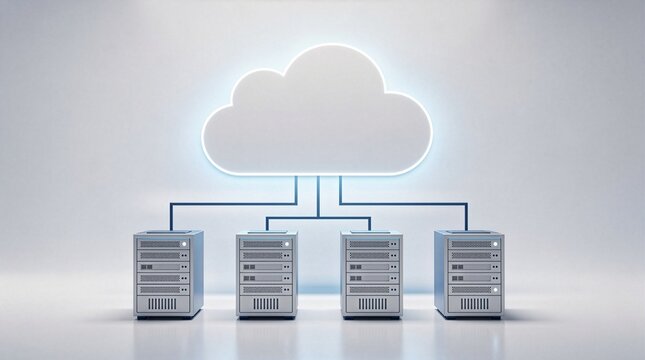 Glowing white cloud icon connected by dark lines to four computer server units in a row, minimalist cloud computing network and digital data storage technology concept.