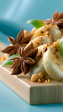 Vanilla poached pears with star anise and cashews arranged on wooden board as elegant gourmet dessert