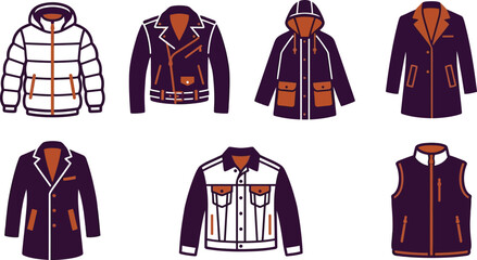 Collection of mens outerwear icons including puffer jacket leather jacket parka blazer and vest flat vector illustration for fashion and retail concepts © Hafizbro
