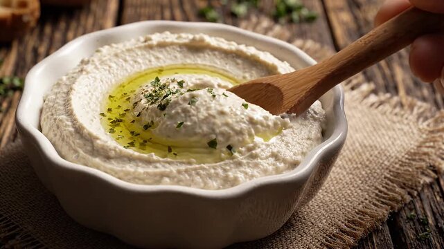 Fresh hummus dip with olive oil and spices.