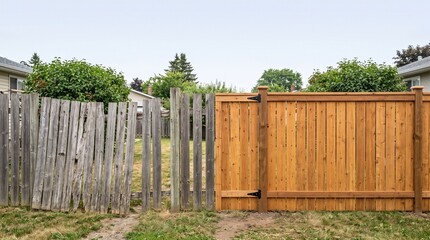 Fototapeta premium Wooden fence repair transformation, weathered and restored sections divided by garden gate, realistic before-and-after comparison