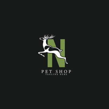 Letter N Logo with Deer Art. Alphabet N wildlife Icon Design