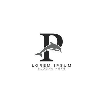 Letter P logo with Dolphin Art. Alphabet P Dolphin Icon Design