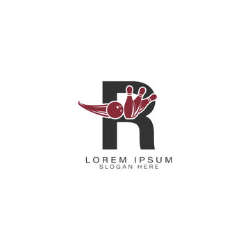 Letter R Logo with a Bowling Ball and Pins. Alphabet R Icon Design for Bowling Clubs