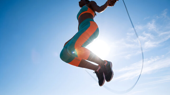 Woman jumping rope mid air with sunlight and blue sky background