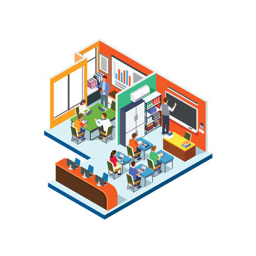 Distance Learning Education Concept, Isometric Computer Room with Desks and Screens