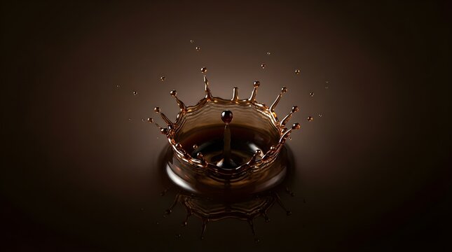 Coffee crown splash with falling droplet isolated on dark brown background