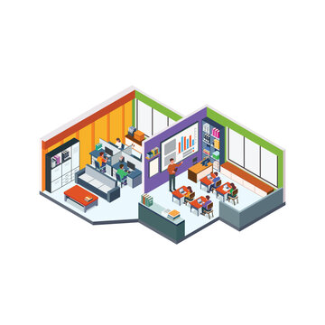 Modern School Classroom Isometric with Student Computer Stations and Learning Space
