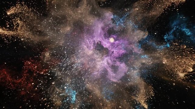 Energy particles colliding and exploding with bright sparks and colorful light in fluid motion