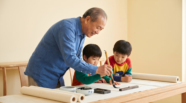 Elderly man guiding children in practicing traditional Chinese calligraphy with brush and ink