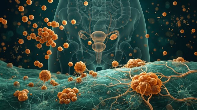 Ovarian cancer peritoneal metastasis, 3D medical visualization showing metastatic cancer cells implanting on peritoneal lining inside abdominal cavity
