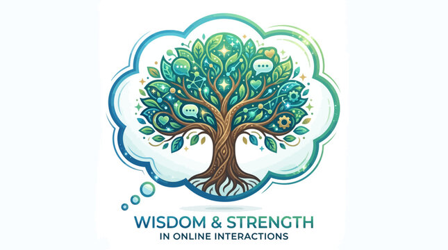 Wisdom and strength in online interactions logo design featuring a stylized tree with chat bubbles and gears inside a thought bubble representing digital growth