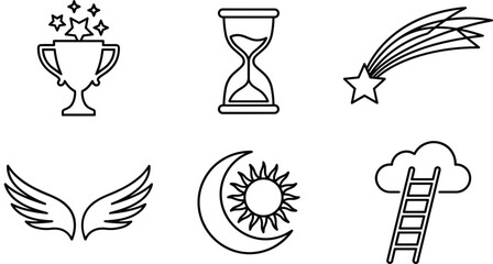 Fototapeta premium Fantasy Dream Outline Icon Set with Trophy, Hourglass, Shooting Star, Angel Wings, Sun Moon, and Cloud Ladder Vector Collection
