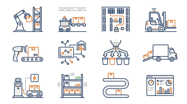 Dynamic Warehouse Automation Icons Showcasing Modern Logistics and Smart Technology Solutions with high quality professional line art symbols for modern creative design and digital branding projects