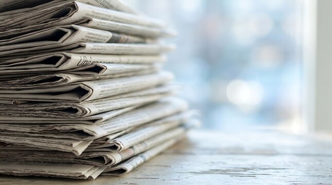 Stack of fresh daily newspapers on a wooden table with newspaper, journalism