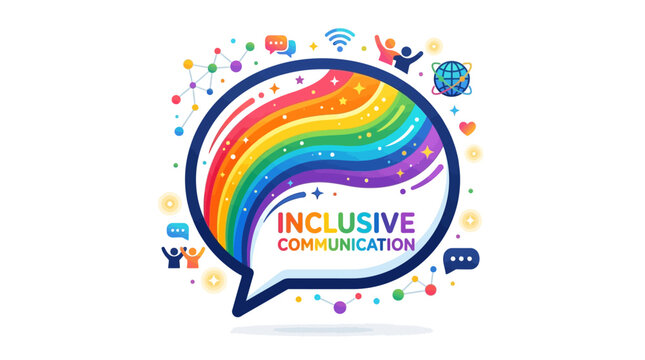 Inclusive Communication Concept Featuring A Vibrant Rainbow Speech Bubble Surrounded By Diversity Icons And Global Connection Symbols On White Background