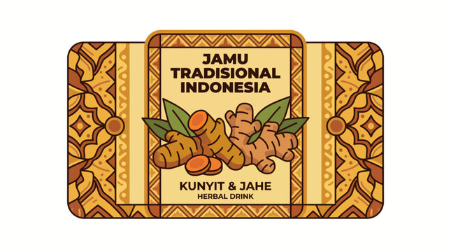 Traditional Indonesian jamu turmeric and ginger herbal drink in ornate batik-style packaging, kunyit and jahe, authentic herbal wellness