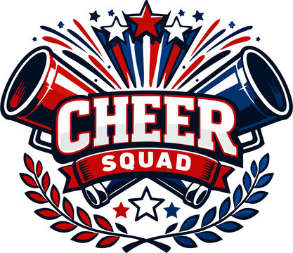 Cheer Squad Emblem Logo &mdash; Bold Red White and Blue Cheerleading Badge with Crossed Megaphones, Stars, Fireworks, and Laurel Wreath for Sports Team Branding