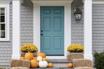 Obraz premium The Teal Front Door with Autumn Harvest Decor and Pumpkins