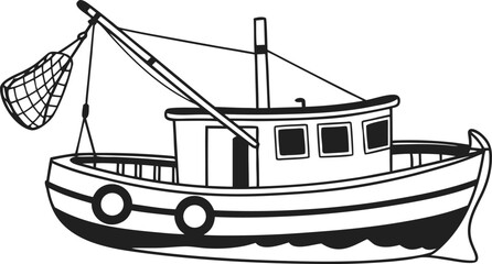 Black and white line of a small fishing boat with a net hanging from a boom on a white background vessel © safowan