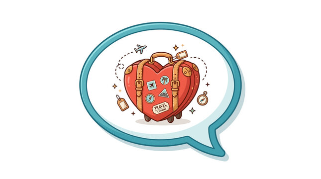 Cute red heart shaped suitcase with travel stickers inside a blue speech bubble illustration symbolizing love for travel and adventure vacation concept vector graphic