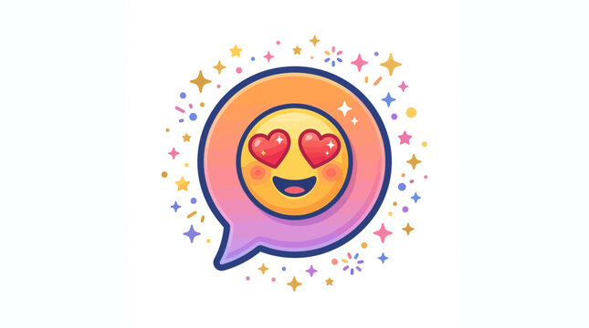 Heart eyes emoji inside a colorful speech bubble surrounded by stars and sparkles on white background vector illustration design for social media apps and messaging