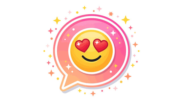 Cute heart eyes emoji inside a pink speech bubble with sparkles and stars on white background vector illustration for social media and love themes